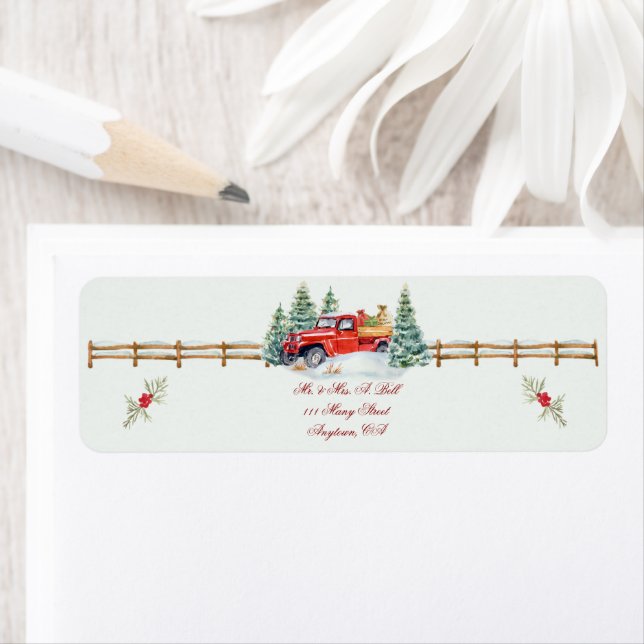 Red Farm Truck and Christmas Trees Label (Insitu)