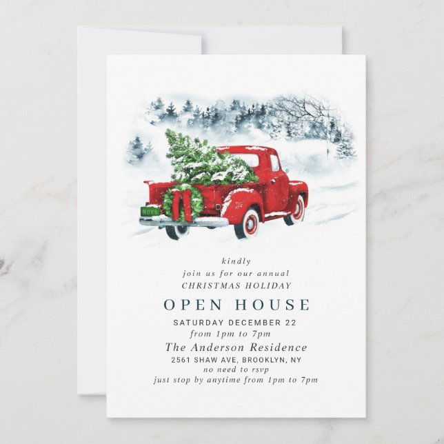 Red Farm Truck CHRISTMAS HOLIDAY OPEN HOUSE Invitation (Front)