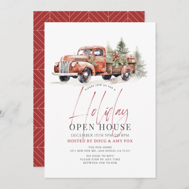 Red Farm Truck Christmas Holiday Open House Invitation (Front/Back)