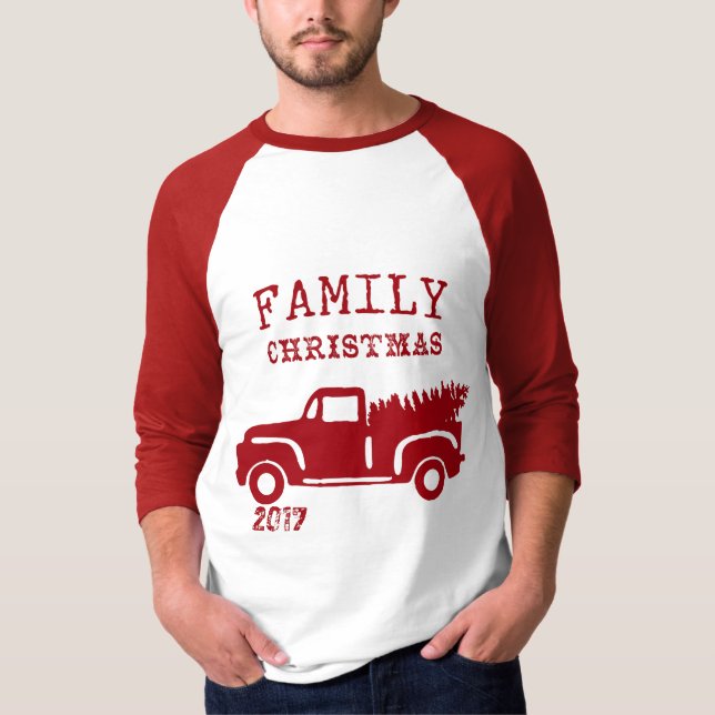 Red Farm Truck Custom Name Family Christmas T-Shirt (Front)
