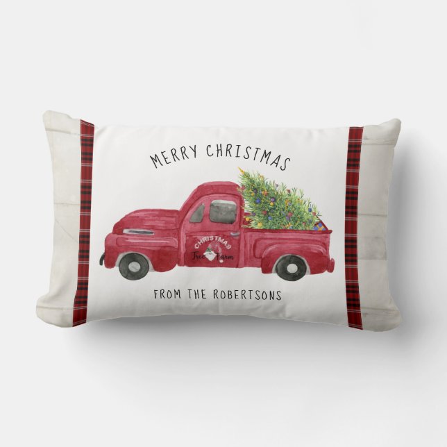 Red Farm Truck Rustic Wood Merry Christmas Tree Lumbar Cushion (Front)