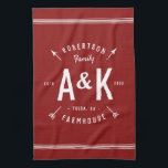 Red Farmhouse Arrow Monogram | Editable Colours Tea Towel<br><div class="desc">Farmhouse holiday kitchen towel personalised with your family name, monogram initials, city and established date in a trendy logo crest. Use the design tools to choose any background colour, edit the text fonts and colours or upload your own photos to create a one of a kind design. The perfect touch...</div>