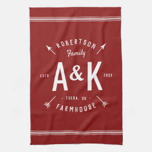 Red Farmhouse Arrow Monogram   Editable Colours Tea Towel