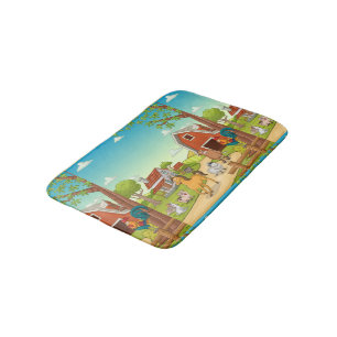 Red Farmhouse Barn and Farmyard Animals Bath Mat