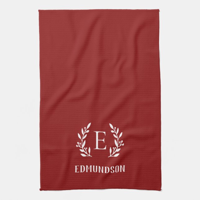 Red Farmhouse Branch Monogram | Editable Colours Tea Towel (Vertical)