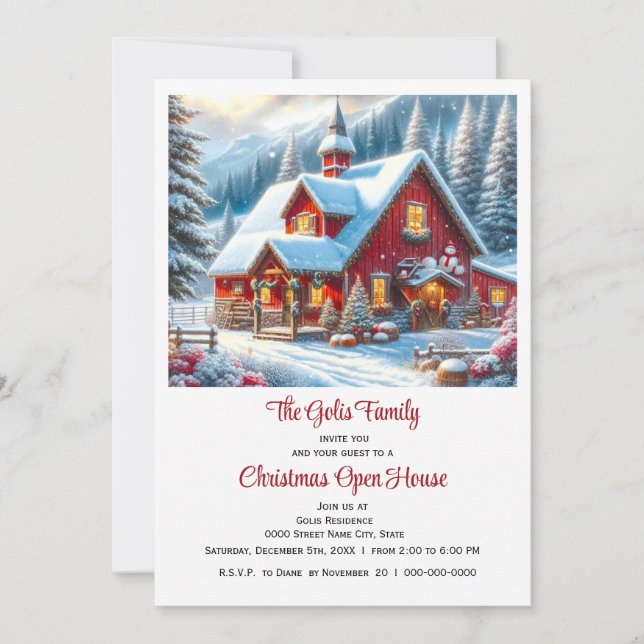 Red Farmhouse Christmas Open House  Invitation (Front)