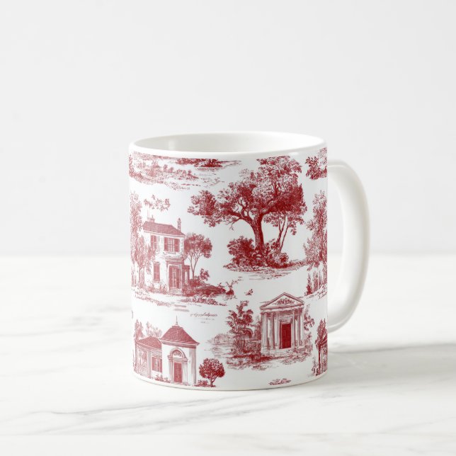 Red Farmhouse Toile Scenic Tree Pattern Coffee Mug (Front Right)