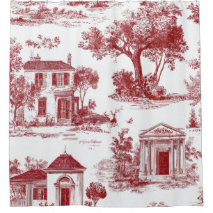 Red Farmhouse Toile Scenic Tree Pattern Shower Curtain