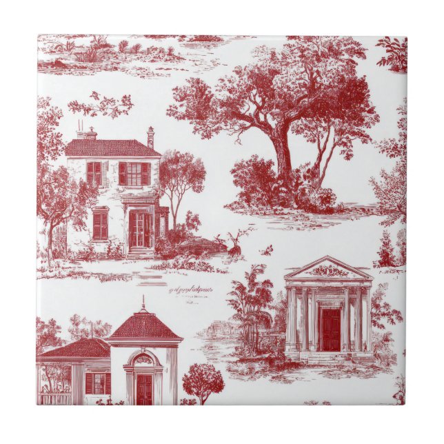 Red Farmhouse Toile Scenic Tree Pattern Tile (Front)
