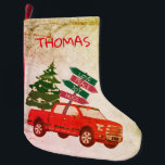 Red Farmhouse Truck Festive Rustic Country Vintage Large Christmas Stocking<br><div class="desc">Classic festive red farmhouse truck with your name and carrying a Christmas tree. So warm vintage style for your Christmas decoration and gifts.</div>