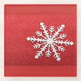 Red Faux Glitter Snowflake Beverage Glass Coaster