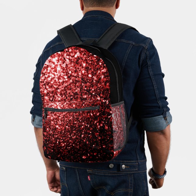 Red faux glitter sparkles and black printed backpack (Insitu (Model))