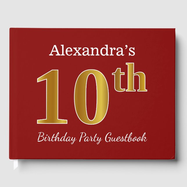 Red, Faux Gold 10th Birthday Party + Custom Name Guest Book (Front)