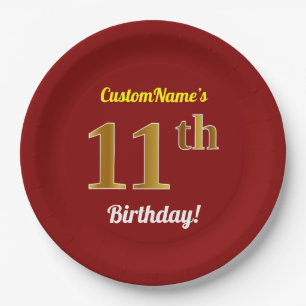 Red, Faux Gold 11th Birthday + Custom Name Paper Plate