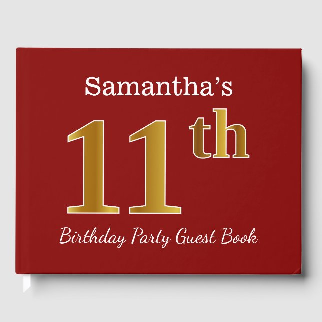 Red, Faux Gold 11th Birthday Party + Custom Name Guest Book (Front)