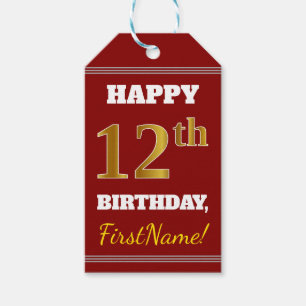 Red, Faux Gold 12th Birthday + Custom Name Gift Tags