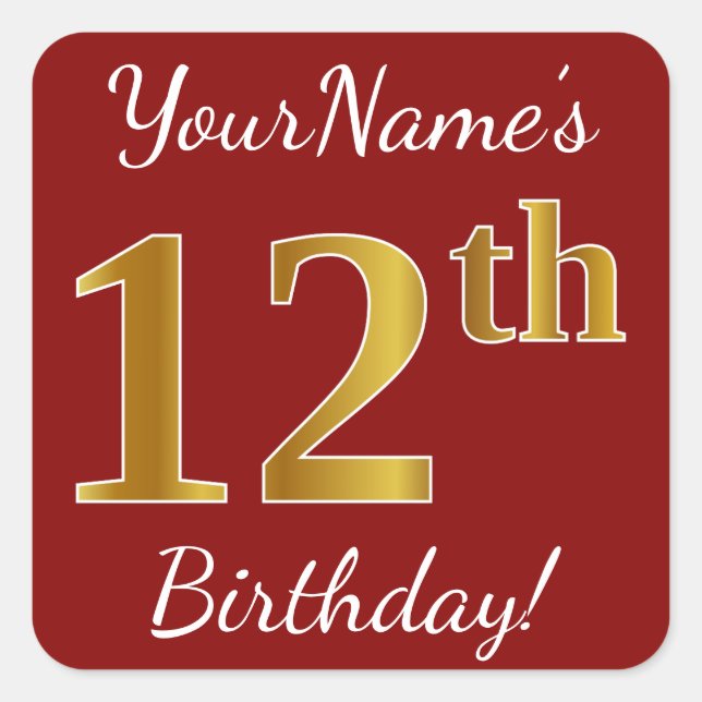 Red, Faux Gold 12th Birthday + Custom Name Sticker (Front)