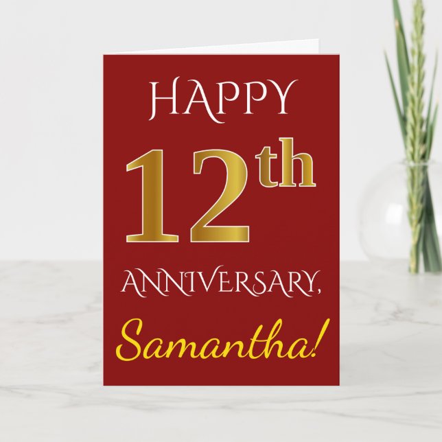 Red, Faux Gold 12th Wedding Anniversary + Name Card (Front)