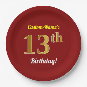 Red, Faux Gold 13th Birthday + Custom Name Paper Plate