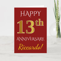 Red, Faux Gold 13th Wedding Anniversary + Name