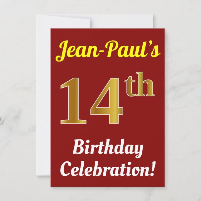 Red, Faux Gold 14th Birthday Celebration + Name Invitation (Front)