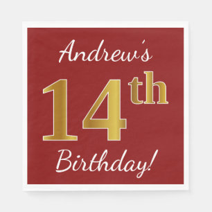 Red, Faux Gold 14th Birthday + Custom Name Napkin