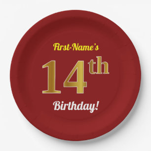 Red, Faux Gold 14th Birthday + Custom Name Paper Plate