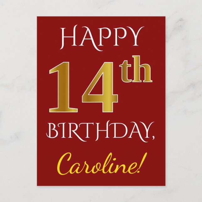 Red, Faux Gold 14th Birthday + Custom Name Postcard (Front)
