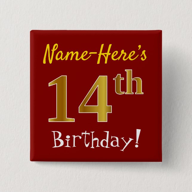Red, Faux Gold 14th Birthday, With Custom Name 15 Cm Square Badge (Front)
