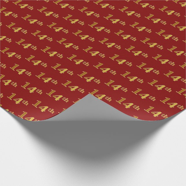 Red, Faux Gold 14th (Fourteenth) Event Wrapping Paper (Corner)