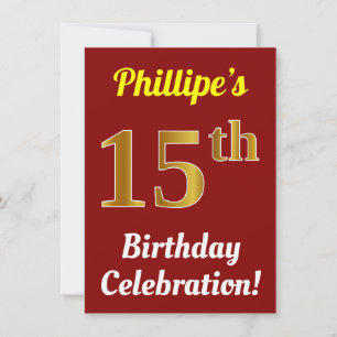 Red, Faux Gold 15th Birthday Celebration + Name Invitation