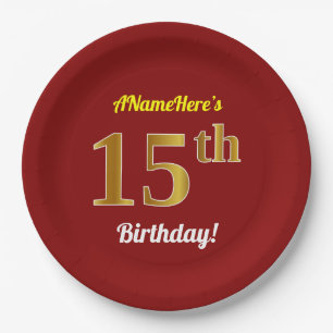 Red, Faux Gold 15th Birthday + Custom Name Paper Plate
