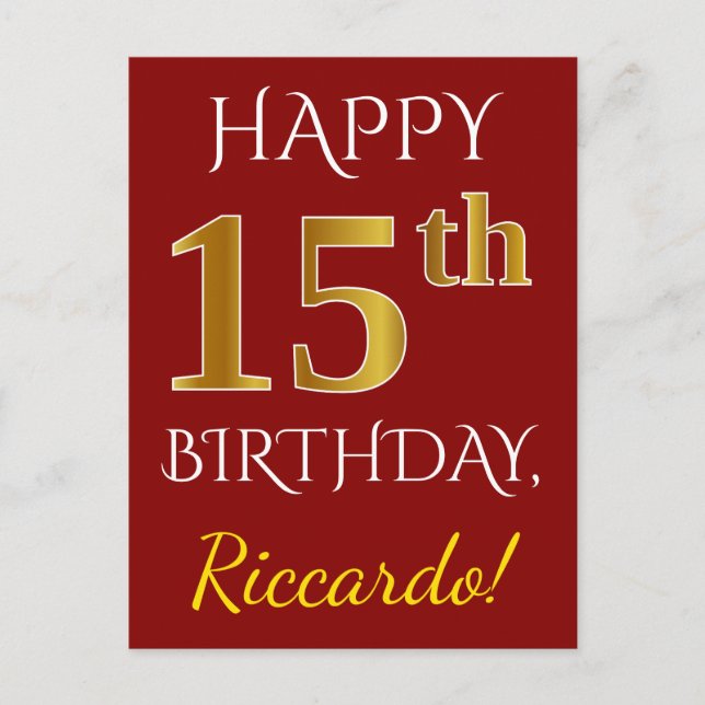 Red, Faux Gold 15th Birthday + Custom Name Postcard (Front)