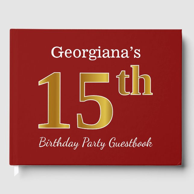 Red, Faux Gold 15th Birthday Party + Custom Name Guest Book (Front)