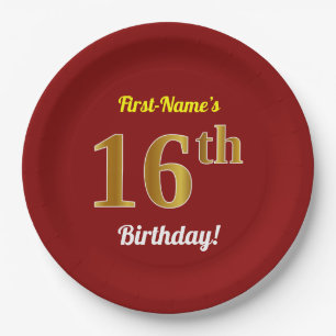 Red, Faux Gold 16th Birthday + Custom Name Paper Plate