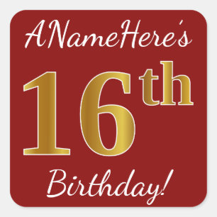 Red, Faux Gold 16th Birthday + Custom Name Sticker