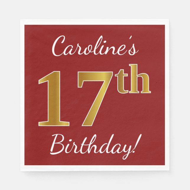 Red, Faux Gold 17th Birthday + Custom Name Napkin (Front)
