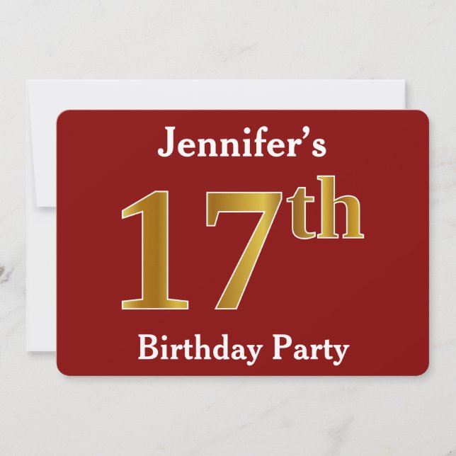 Red, Faux Gold 17th Birthday Party + Custom Name Invitation (Front)