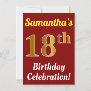 Red, Faux Gold 18th Birthday Celebration + Name Invitation