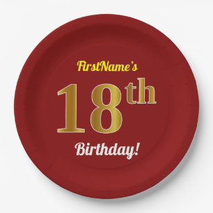 Red, Faux Gold 18th Birthday + Custom Name Paper Plate