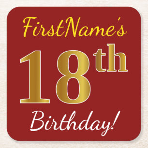 Red, Faux Gold 18th Birthday + Custom Name Square Paper Coaster