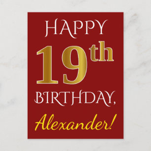 Red, Faux Gold 19th Birthday + Custom Name Postcard
