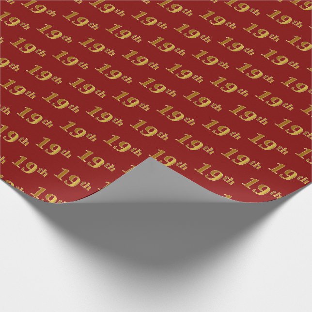 Red, Faux Gold 19th (Nineteenth) Event Wrapping Paper (Corner)