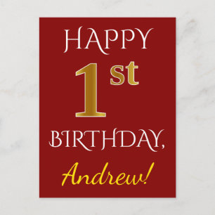 Red, Faux Gold 1st Birthday + Custom Name Postcard