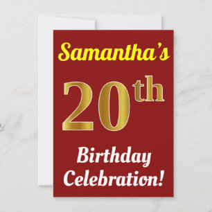 Red, Faux Gold 20th Birthday Celebration + Name Invitation
