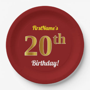 Red, Faux Gold 20th Birthday + Custom Name Paper Plate