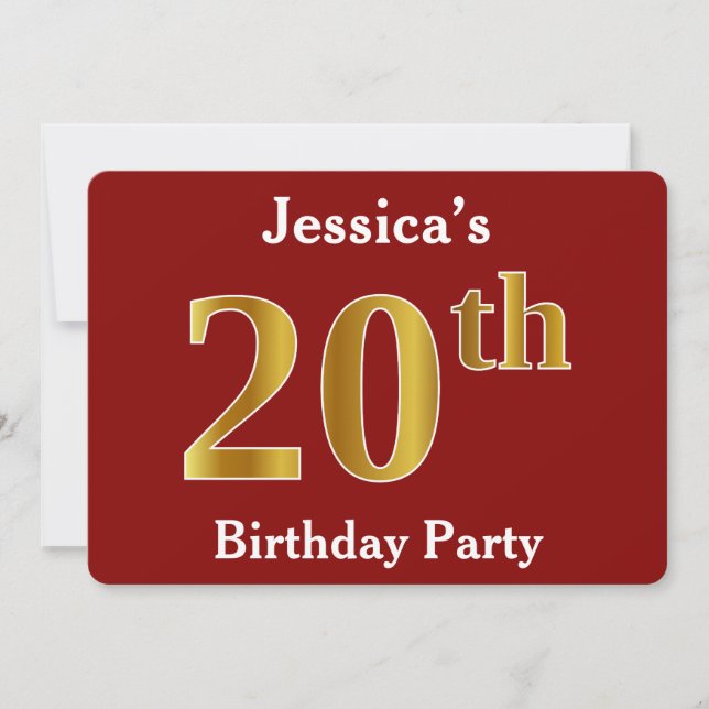 Red, Faux Gold 20th Birthday Party + Custom Name Invitation (Front)