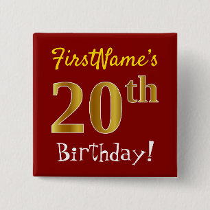 Red, Faux Gold 20th Birthday, With Custom Name 15 Cm Square Badge
