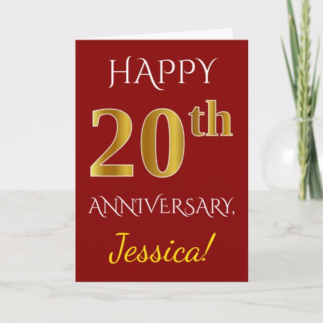 Red, Faux Gold 20th Wedding Anniversary + Name Card (Front)