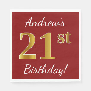 Red, Faux Gold 21st Birthday + Custom Name Napkin